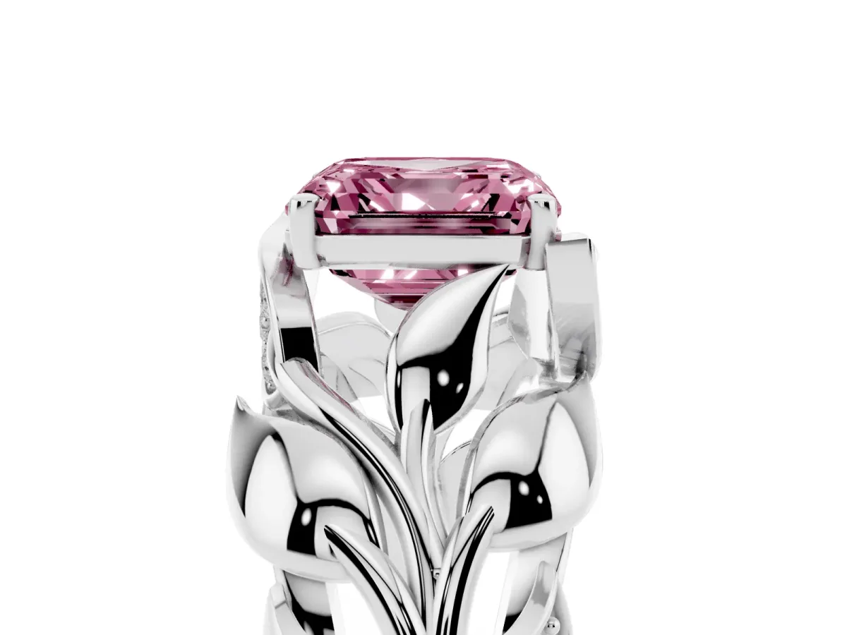 Fancy Pink Asscher Cut Diamond Leaf-Inspired Engagement Ring with Round Accents and Prong Setting Platinum