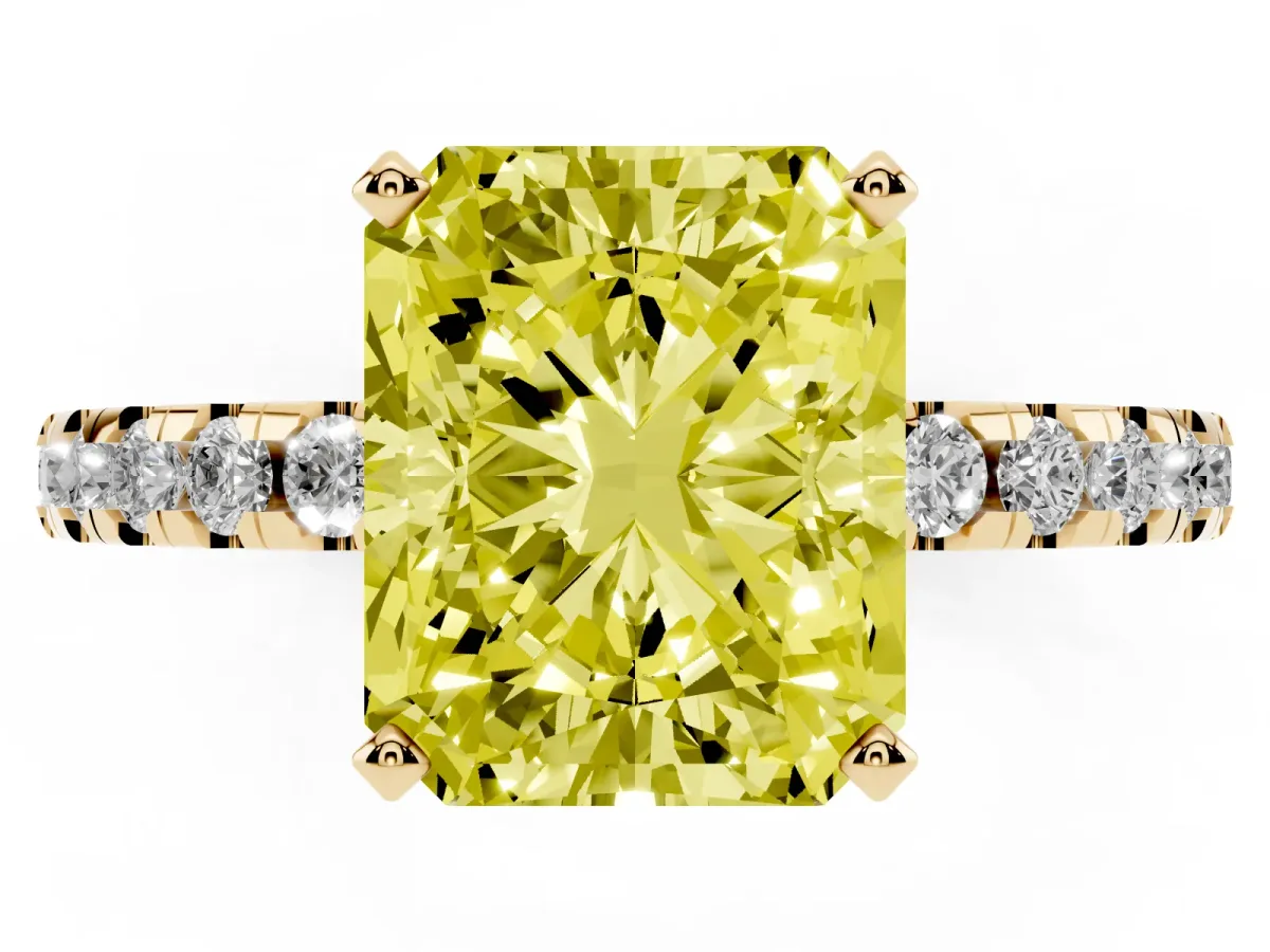 Fancy Yellow Radiant Cut Diamond Solitaire Ring with Round Pavé Band and Four-Prong Setting Yellow gold