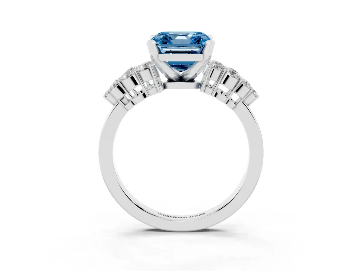 Fancy Blue Asscher Cut Cluster Diamond Engagement Ring with Pavé Band and Four-Prong Setting Silver
