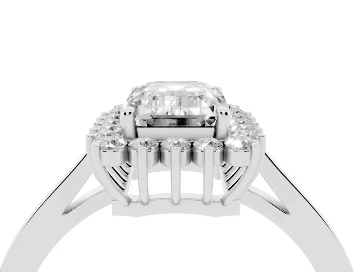 Emerald Cut Cut Diamond Halo Ring with Round Brilliant Halo and Solitaire Band Silver