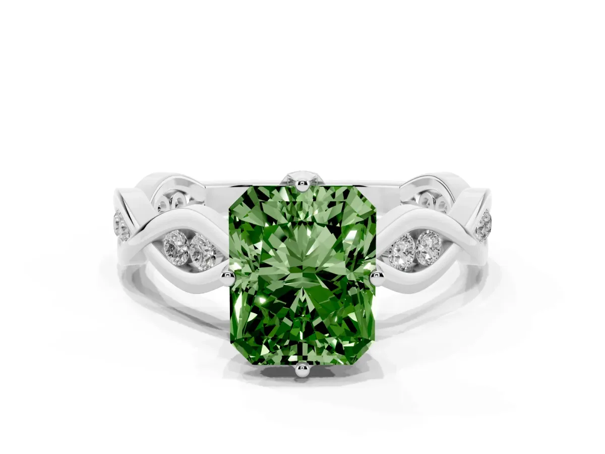 Fancy Green Radiant Cut Solitaire Twist Band with Leaf Prong Setting Silver