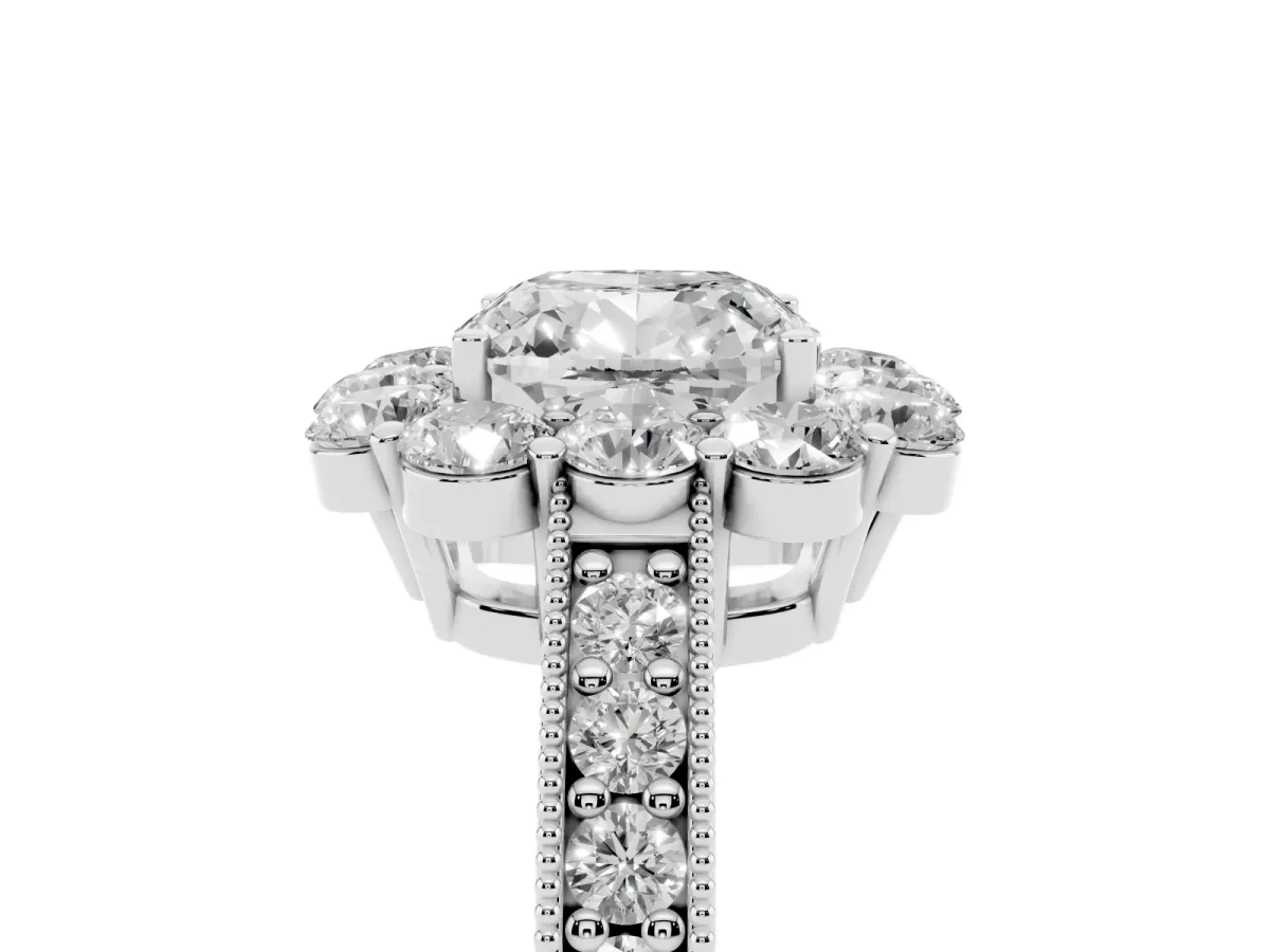 Cushion Cut Cut Halo Diamond Pavé Engagement Ring with Milgrain Detailing Silver