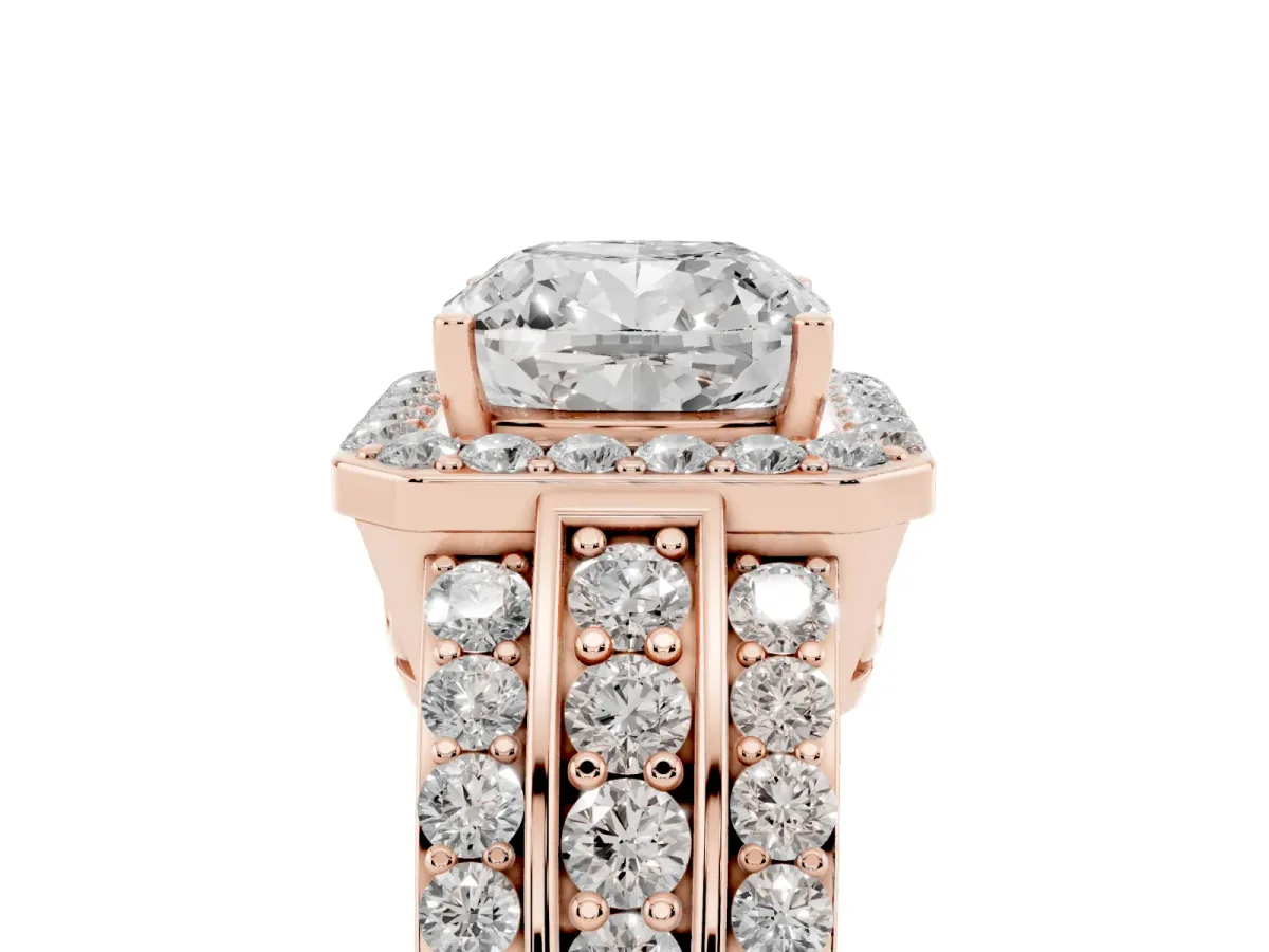 0.5 Carat Cushion Cut Halo Ring with Round Split Shank and Prong Setting Rose gold