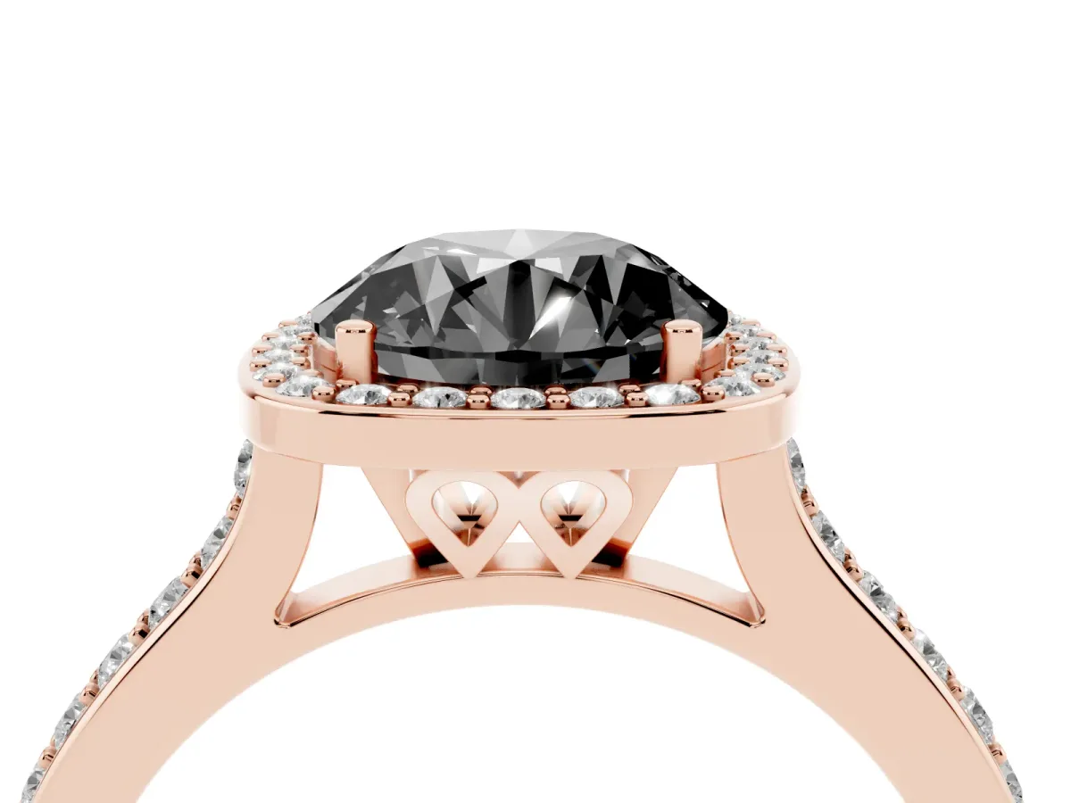 Fancy Black Round Cut Diamond Halo Engagement Ring with Round Pavé Shoulders and Prong Setting Rose gold