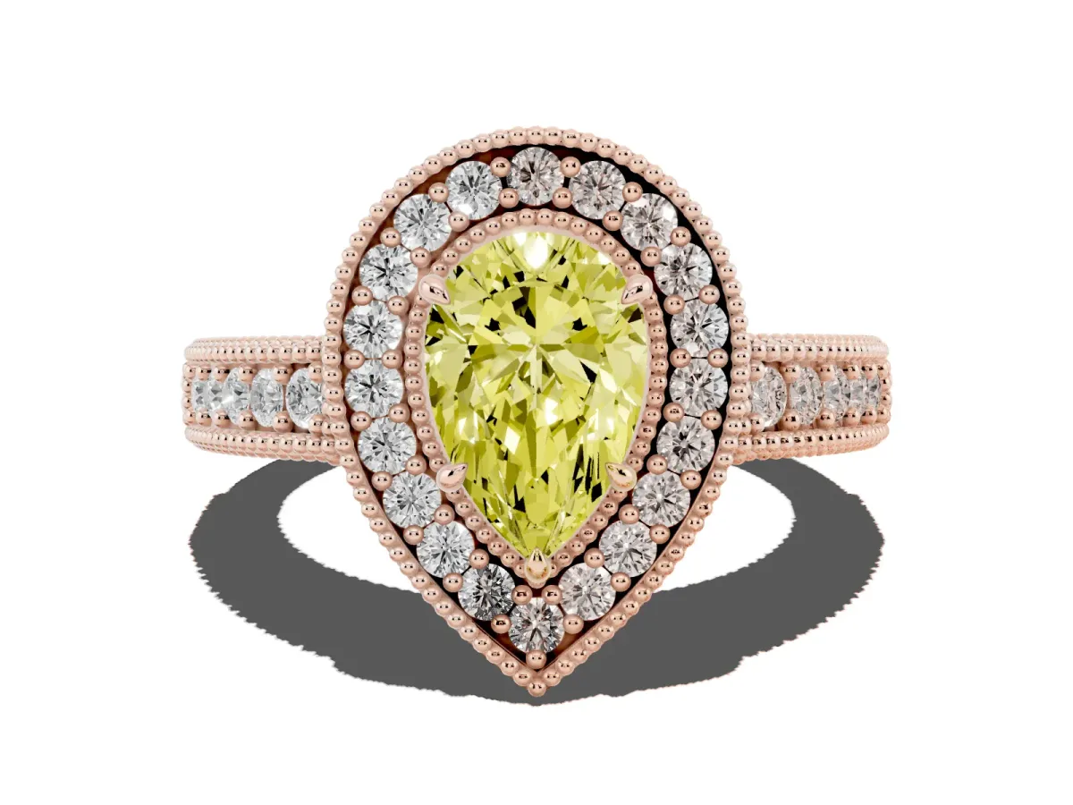 Fancy Yellow Pear Cut Cut Halo Diamond Ring with Pavé Band and Four-Prong Setting Rose gold