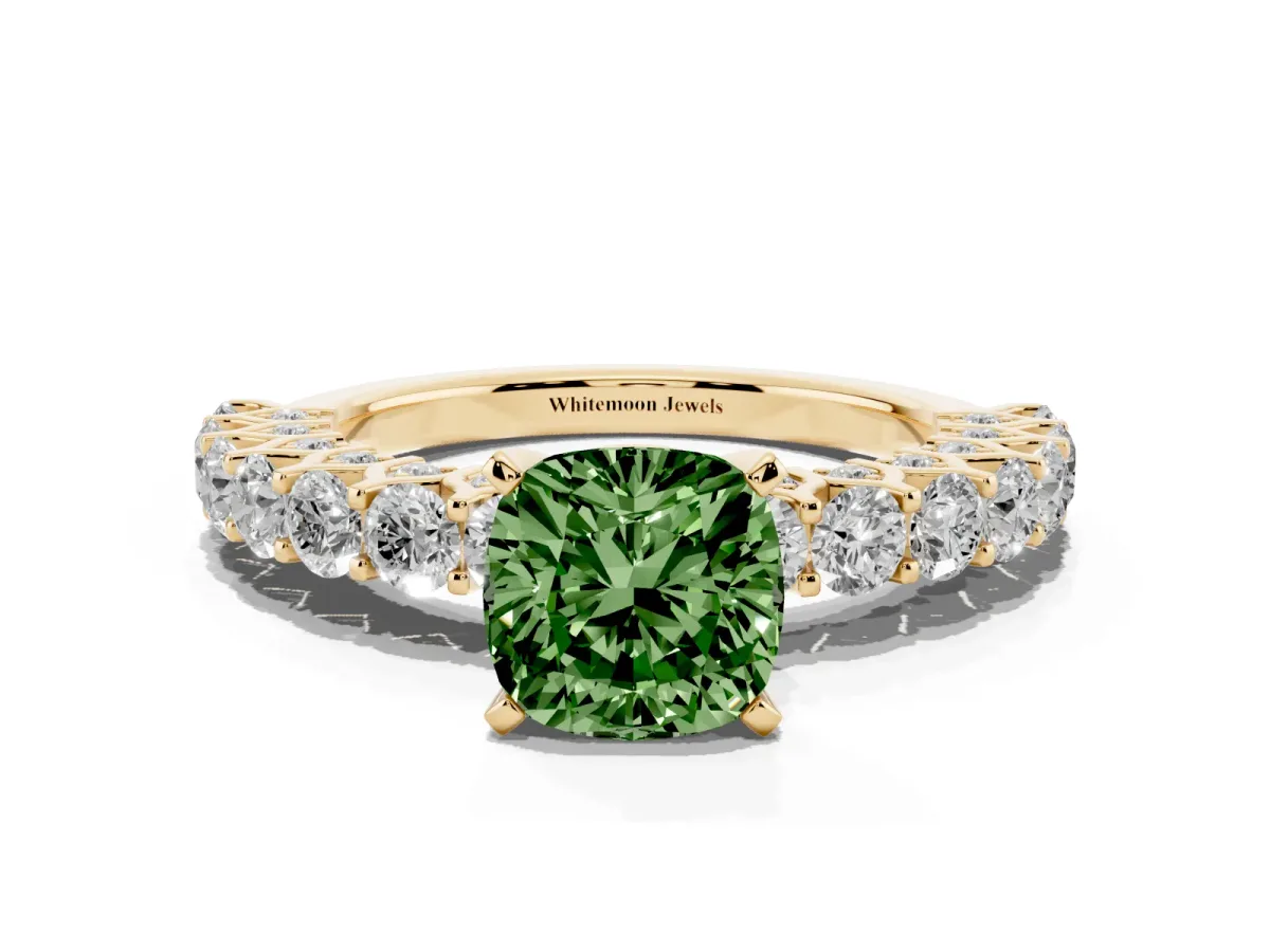 Fancy Green Cushion Cut Diamond Solitaire Ring with Shared Prong Pavé Band and Four-Prong Setting Yellow gold