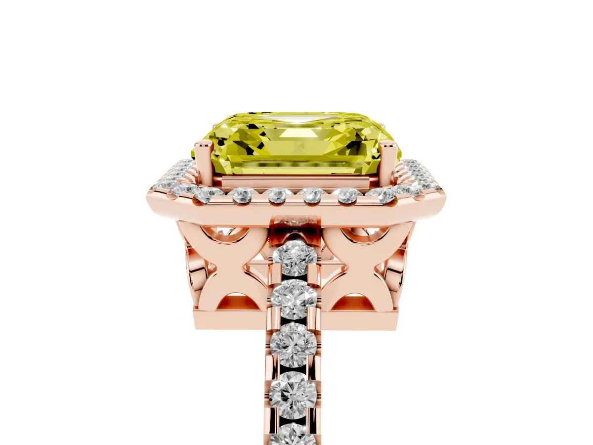 Fancy Yellow Asscher Cut Diamond Halo Engagement Ring with Pavé Band and Prong Setting Rose gold