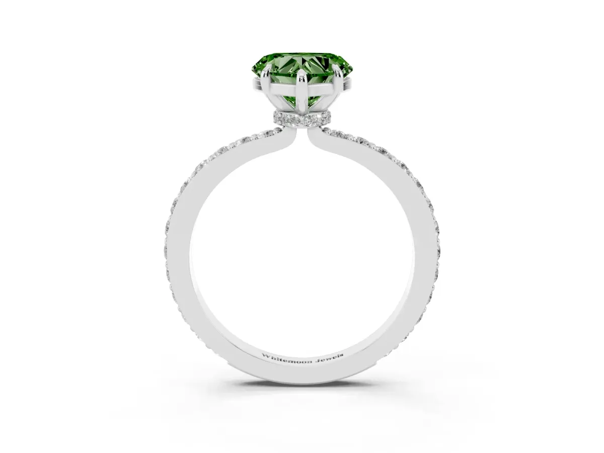Fancy Green Heart Cut Diamond Pavé Engagement Ring with Round Accents and Prong Setting Platinum