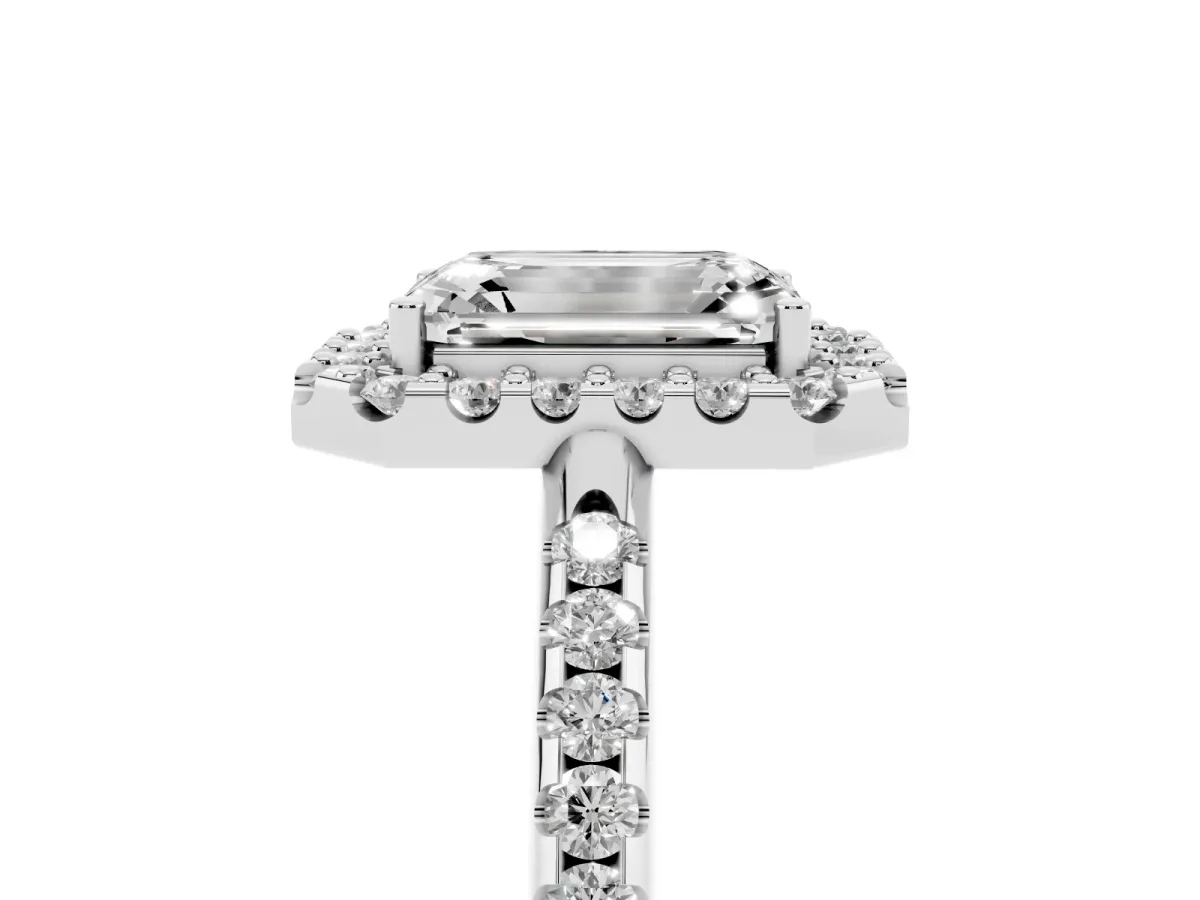 Emerald Cut Diamond Pavé Halo Ring with Four-Prong Setting Silver