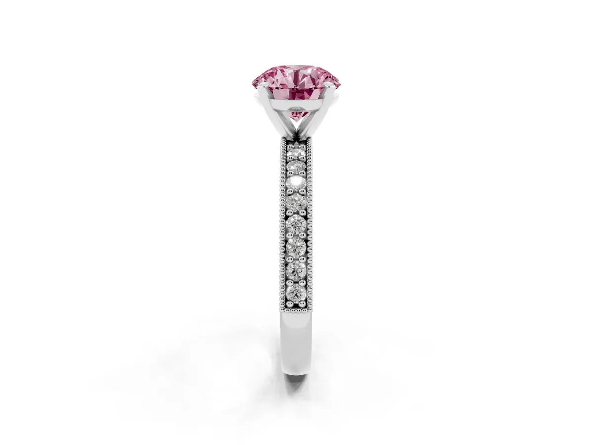 Fancy Pink Round Cut Diamond Milgrain Pavé Engagement Ring with Four-Prong Setting Silver