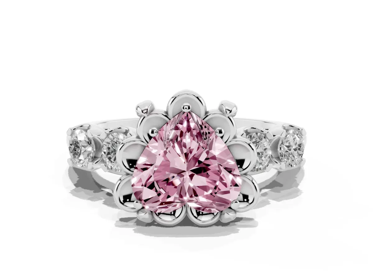 Fancy Pink Heart Cut Cut Diamond Floral Halo Engagement Ring with Shared Prong Setting Silver