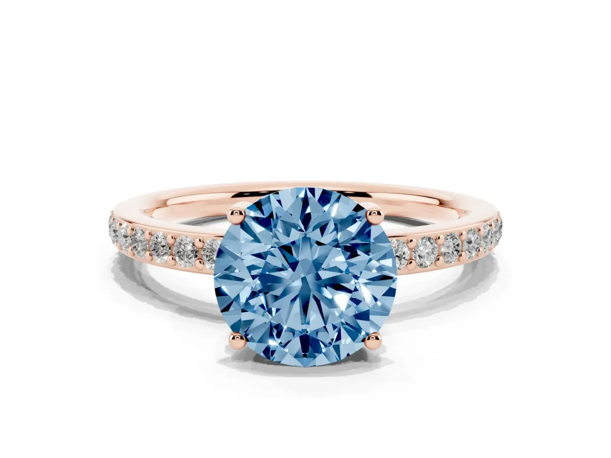 Fancy Blue Round Cut Cut Diamond Pavé Band Ring with Four-Prong Setting Rose gold