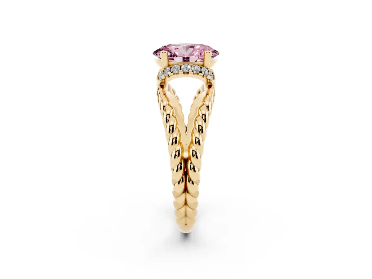 Fancy Pink Oval Cut Halo Twisted Band Four-Prong Ring Yellow gold