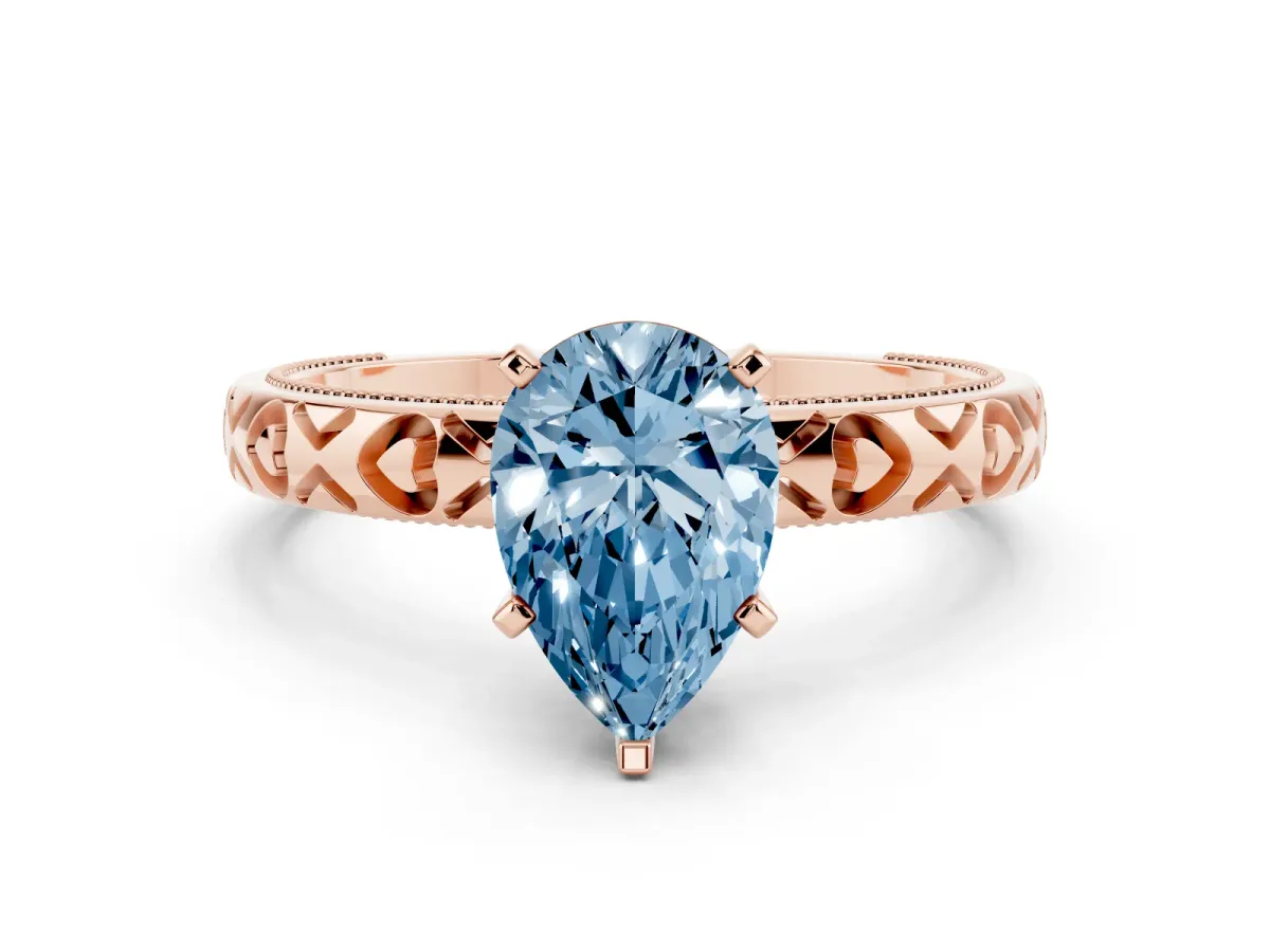 Fancy Blue Pear Cut Solitaire Diamond Engagement Ring with XO Engraved Band and Four-Prong Setting Rose gold