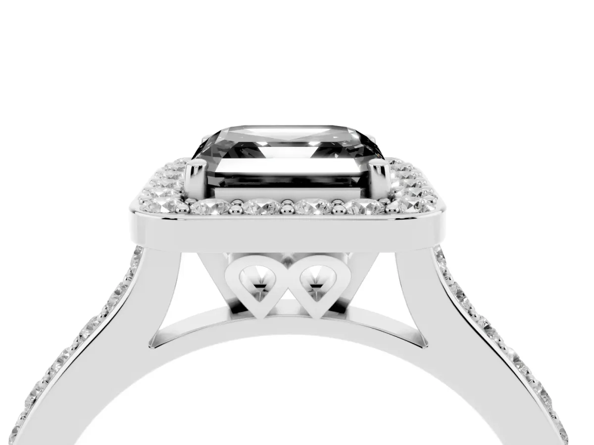Fancy Black Asscher Cut Diamond Halo Engagement Ring with Round Pavé Shoulders and Prong Setting Platinum