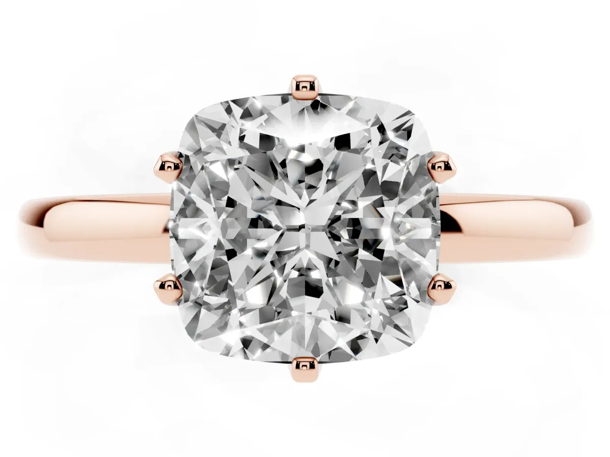 Cushion Cut Solitaire Diamond Ring with Six-Prong Setting on a Classic Band Rose gold