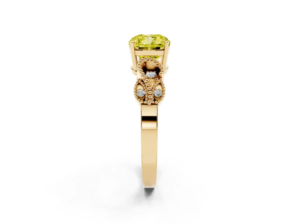 Fancy Yellow Cushion Cut Solitaire Milgrain Leaf Band with Prong Setting Yellow gold