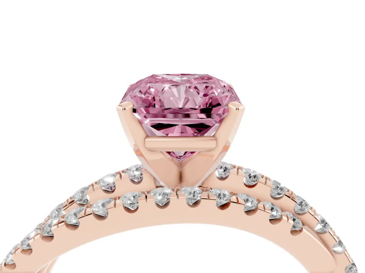 Fancy Pink Radiant Cut Solitaire Twist Band with Pavé Setting and Four-Prong Setting Rose gold