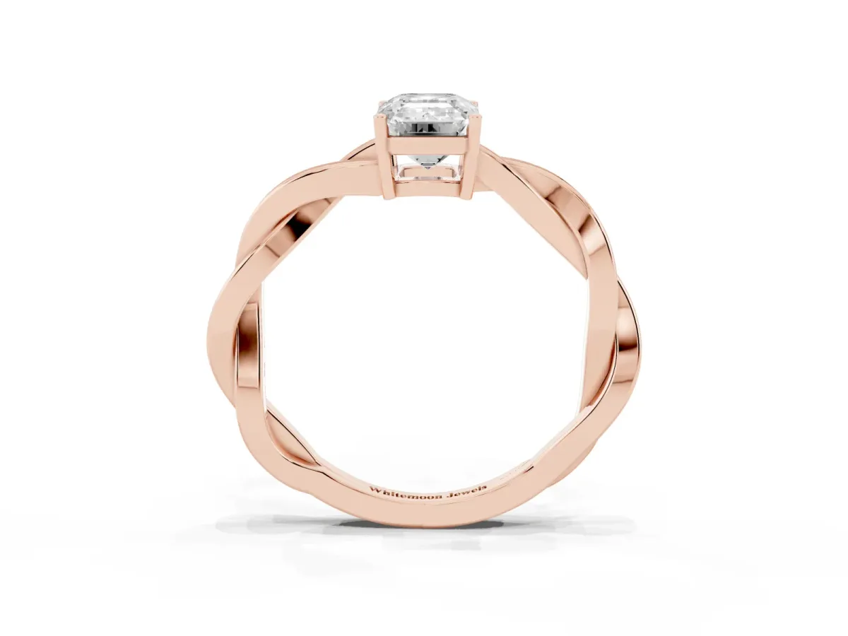 Emerald Cut Solitaire Twisted Pave Diamond Ring with Four-Prong Setting Rose gold