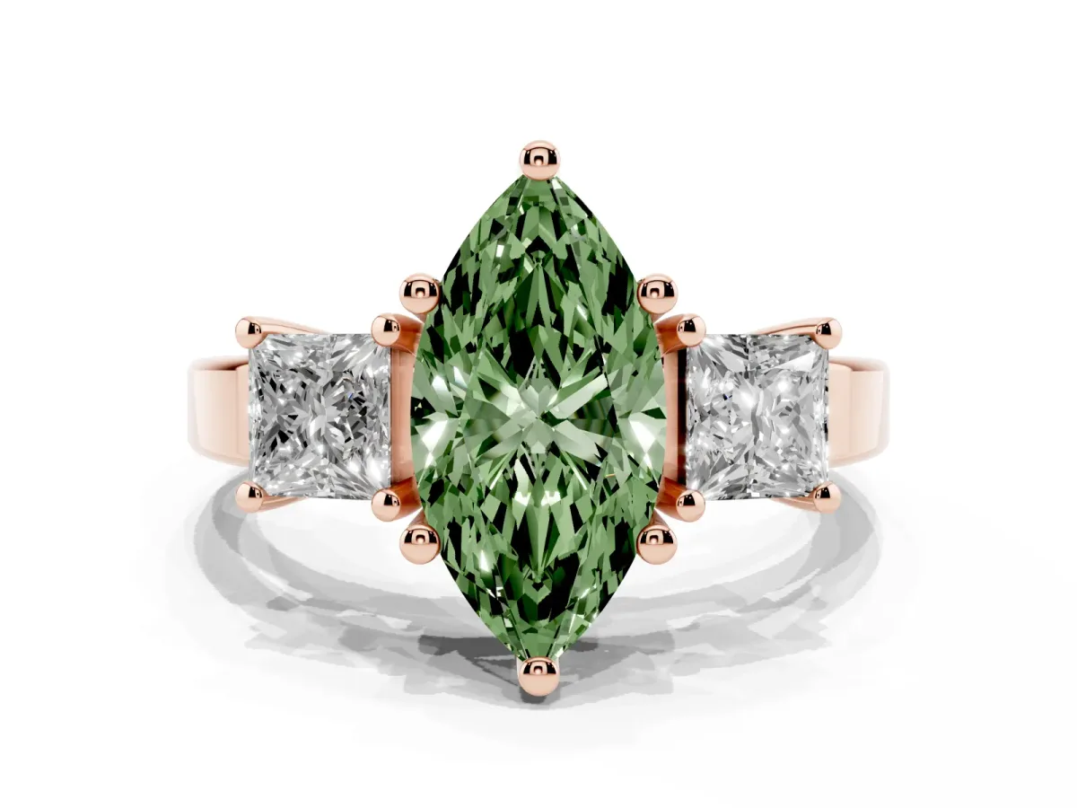 Fancy Green Three-Stone Marquise Cut Cut Solitaire Ring with Prong Setting Rose gold