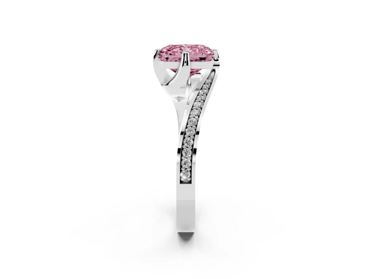 Fancy Pink Radiant Cut Solitaire Diamond Twist Band with Pavé Setting and Four-Prong Setting Silver