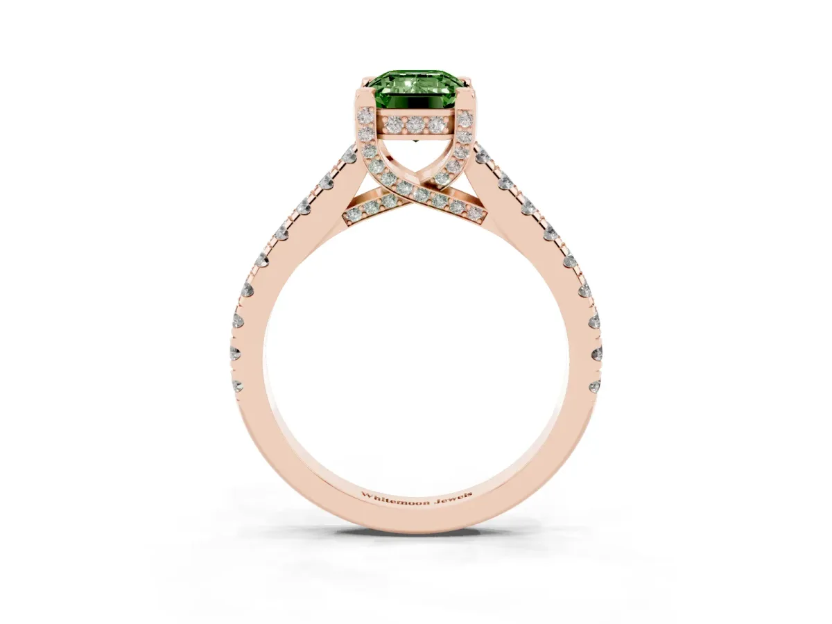 Fancy Green Emerald Cut Brilliant Diamond Solitaire with Pavé Band and Four-Prong Setting Rose gold