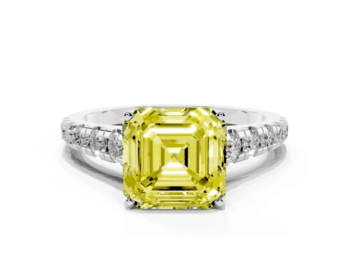 Fancy Yellow Asscher Cut Diamond Cathedral Solitaire Ring with Round Pavé Band Silver