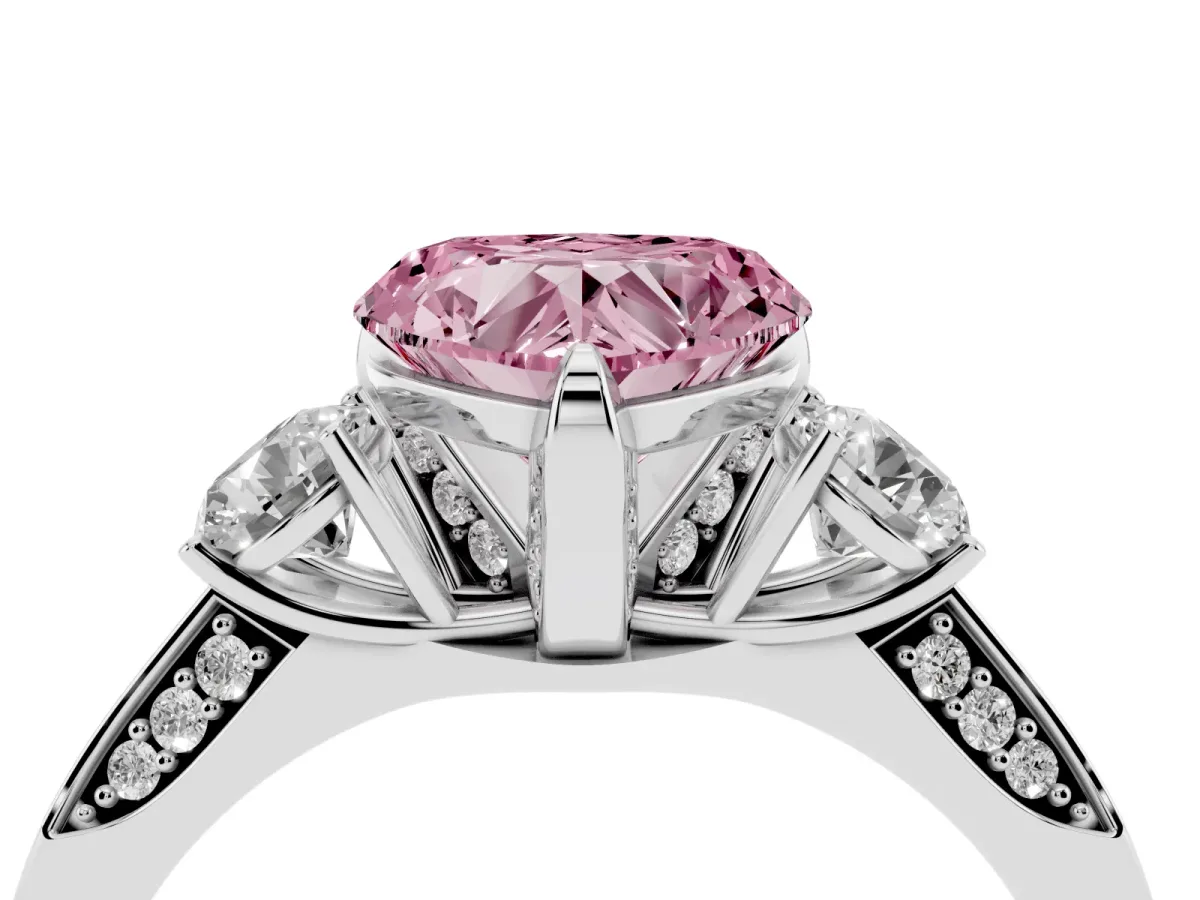 Fancy Pink Heart Cut Brilliant Three-Stone Diamond Ring with Pavé Band and Four-Prong Setting White gold