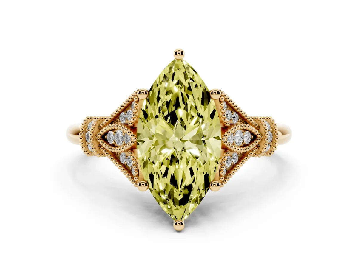 Fancy Yellow Marquise Cut Diamond Solitaire Ring with Floral Filigree and Pave Accents Yellow gold
