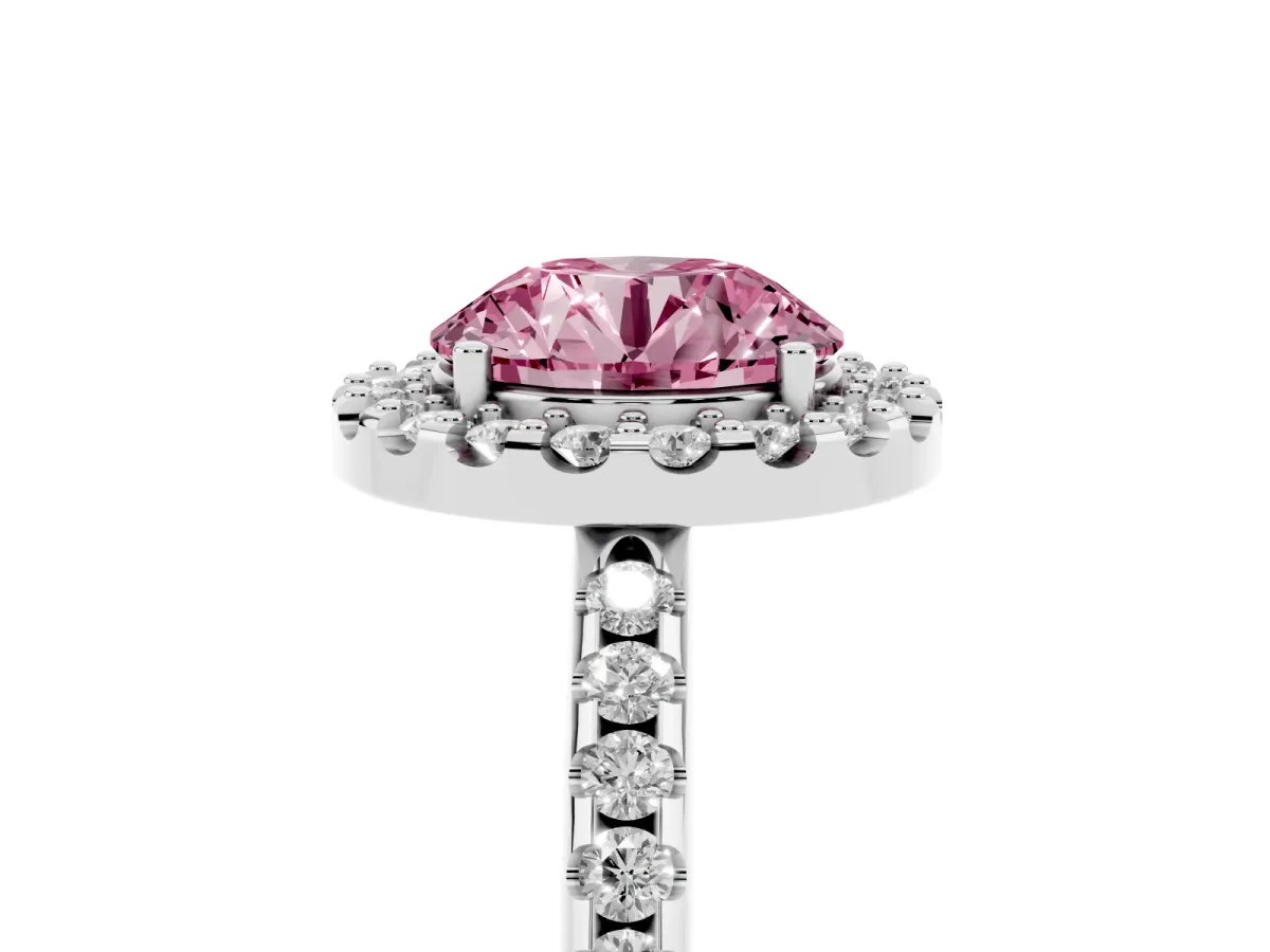 Fancy Pink Round Cut Diamond Pavé Halo Ring with Four-Prong Setting Silver