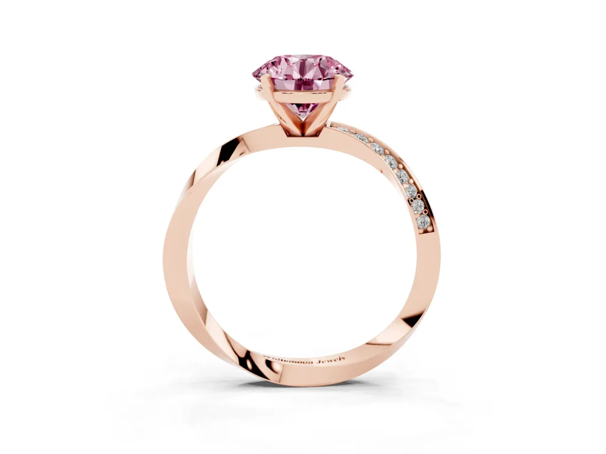 Fancy Pink Round Cut Diamond Engagement Ring with Side Stone Accents and Four-Prong Setting Rose gold