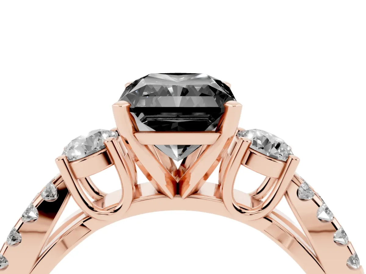 Fancy Black Radiant Cut Diamond Three-Stone Ring with Pavé Split Shank and Four-Prong Setting Rose gold