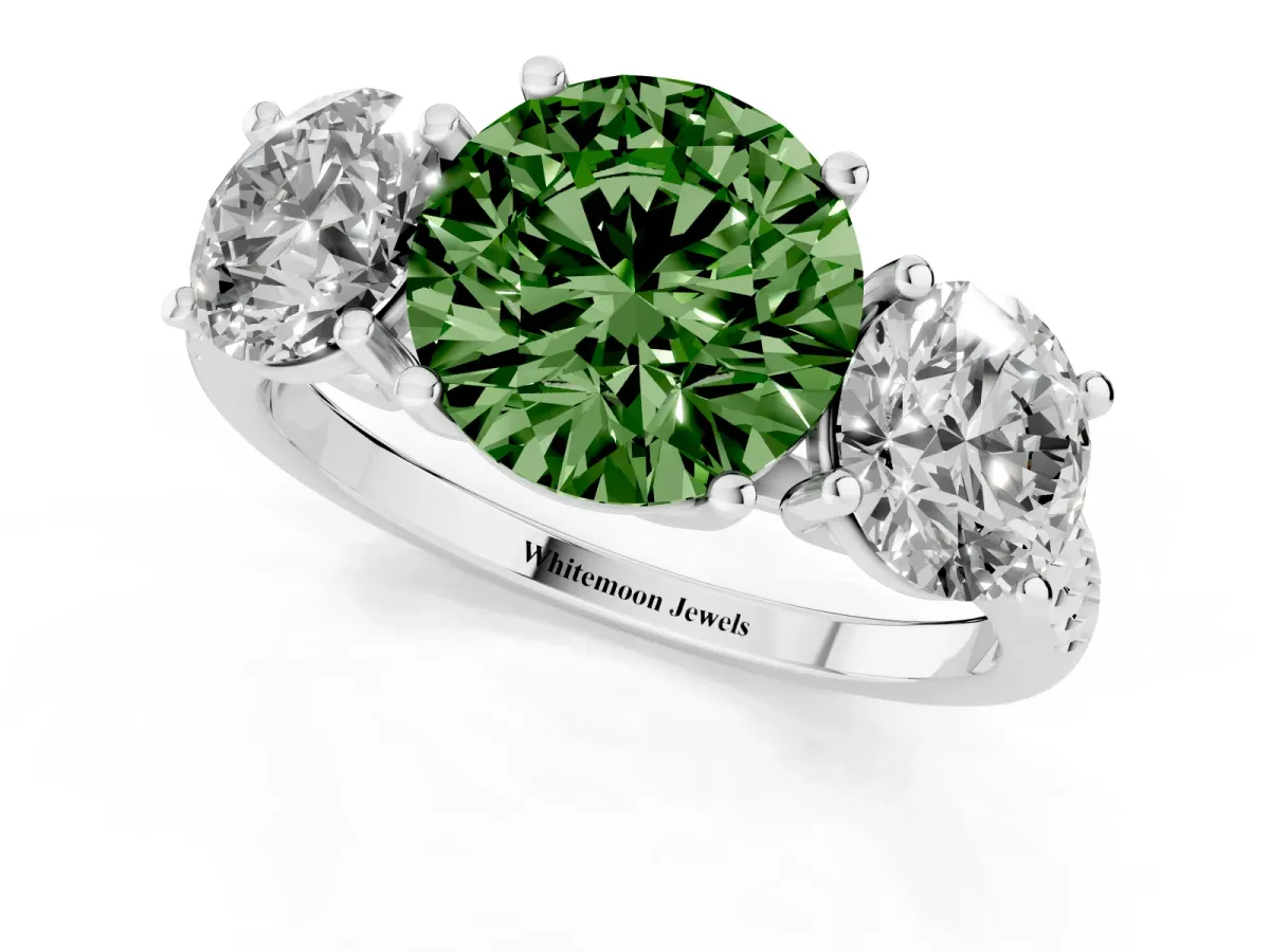 Fancy Green Three-Stone Round Cut Diamond Ring with Round Pavé Band and Prong Setting Silver