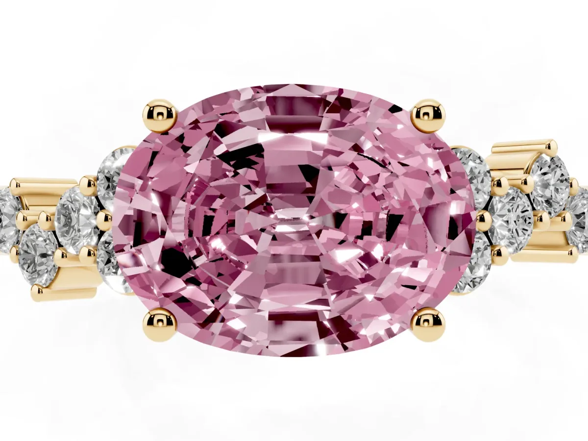 Fancy Pink Oval Cut Diamond Scattered Round Accent Ring with Prong Setting Yellow gold