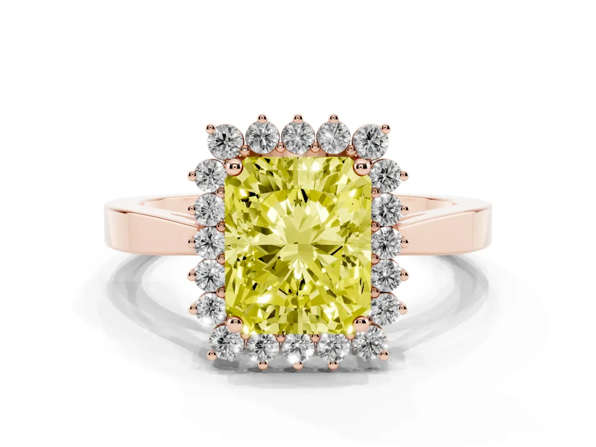 Fancy Yellow Radiant Cut Cut Diamond Halo Ring with Round Brilliant Halo and Solitaire Band Rose gold
