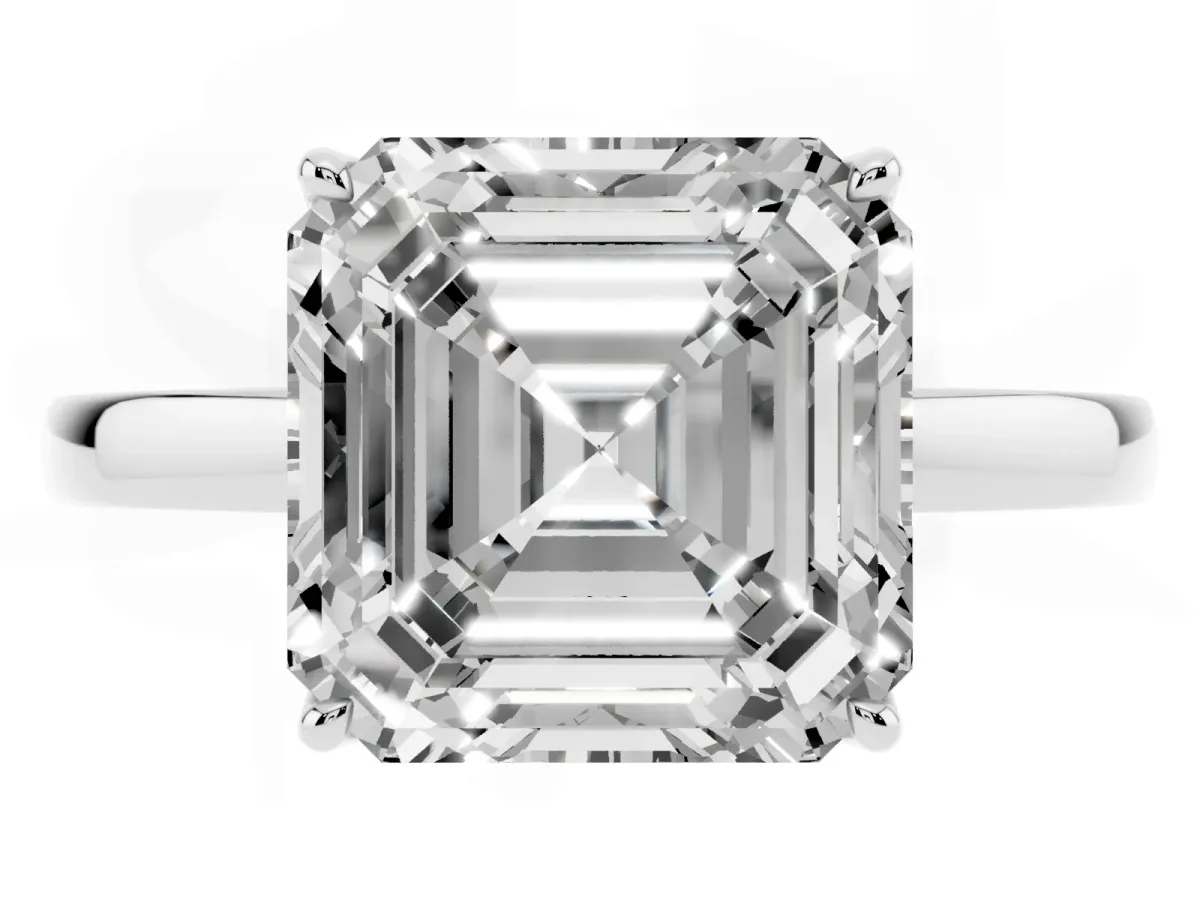 Asscher Cut Diamond Solitaire Ring with Thin Band and Prong Setting Platinum