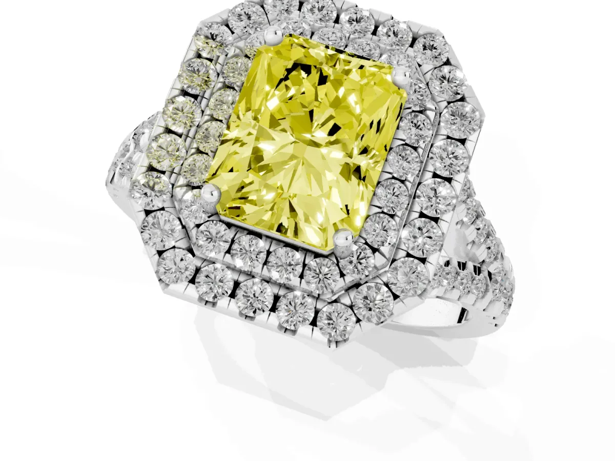 Fancy Yellow Double Halo Radiant Cut Diamond Pavé Split Shank Ring with Prong Setting Silver