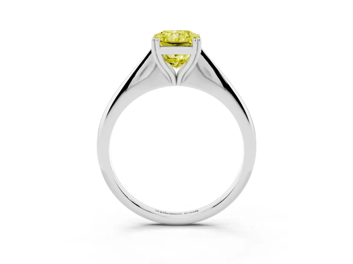 Fancy Yellow Radiant Cut Solitaire Diamond Ring with Six-Prong Setting and Classic Band Silver