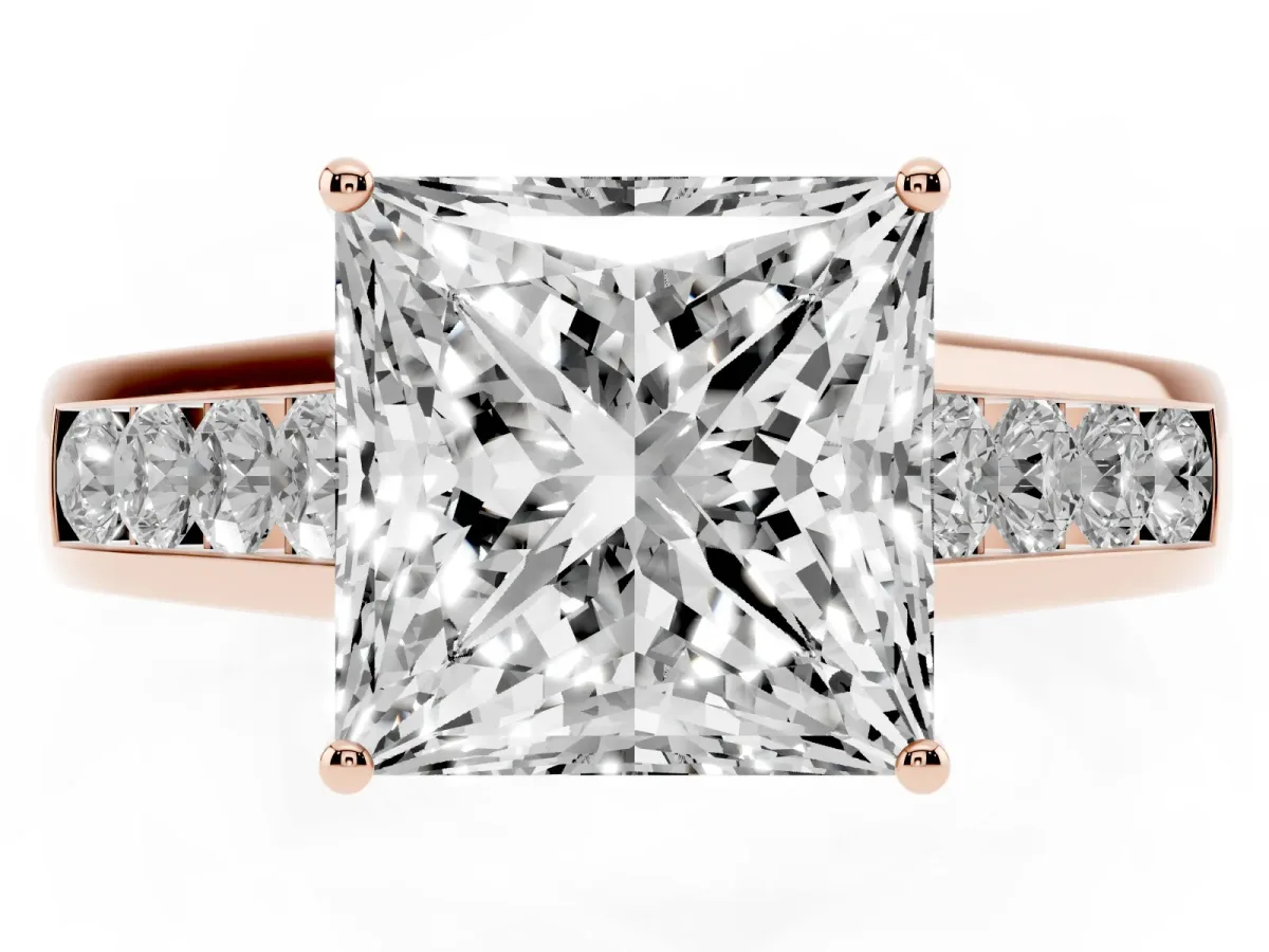 Princess Cut Brilliant Channel-Set Solitaire Ring with Four-Prong Setting Rose gold