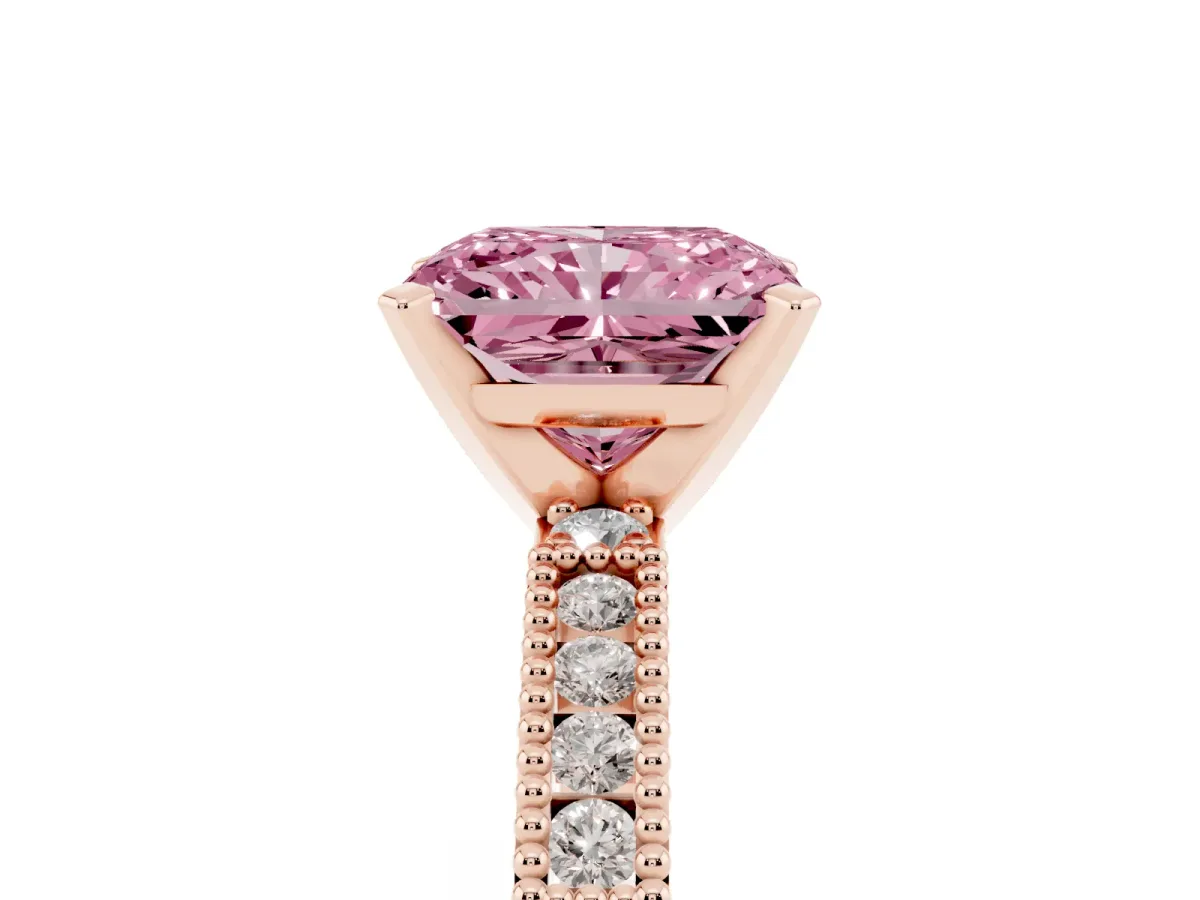 Fancy Pink Radiant Cut Solitaire with Pavé Band and Four-Prong Setting Rose gold