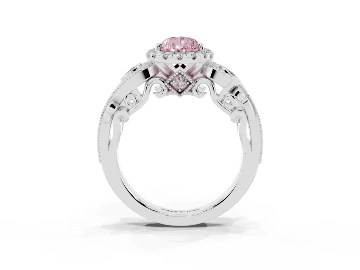 Fancy Pink Pear Cut Diamond Halo Ring with Milgrain Pavé Band and Four-Prong Setting Silver
