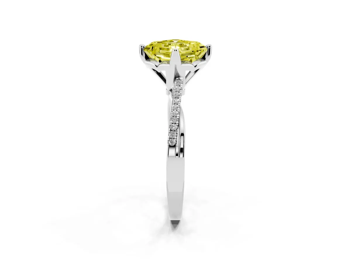 Fancy Yellow Asscher Cut Solitaire Twist Band with Pavé Diamonds and Four-Prong Setting Silver