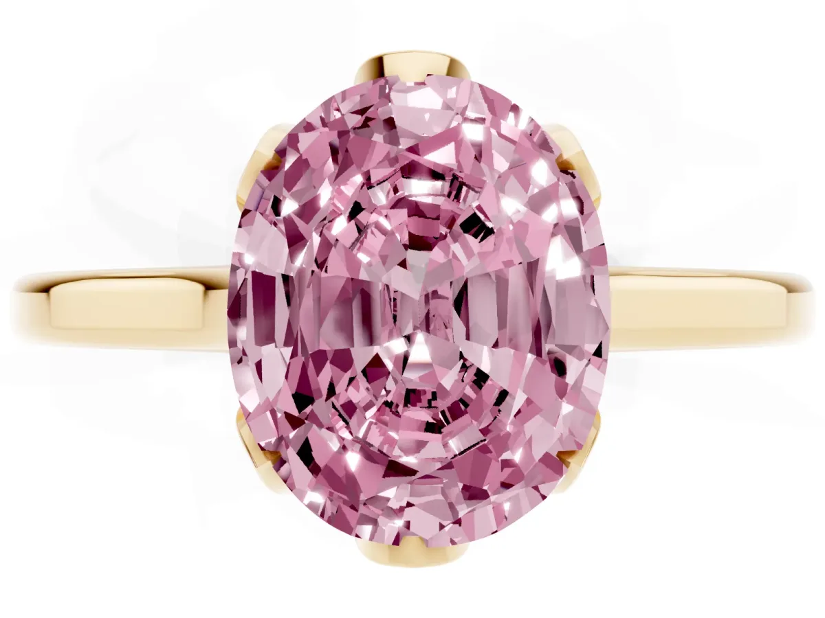 Fancy Pink Oval Cut Diamond Solitaire Ring with Flower Prong Setting and Classic Band Yellow gold