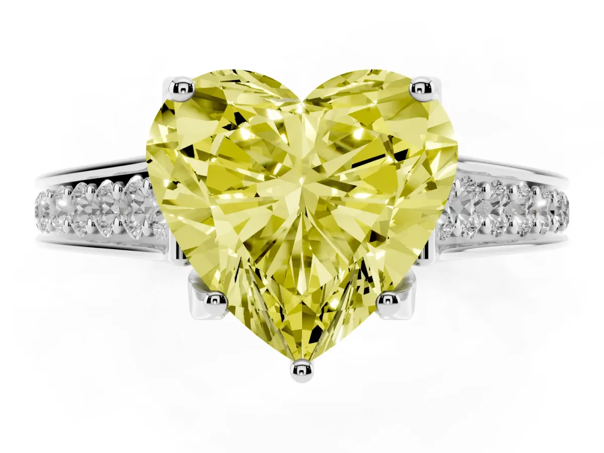 Fancy Yellow Heart Cut Brilliant Cut Diamond Engagement Ring with Pavé Band and Four-Prong Setting Silver