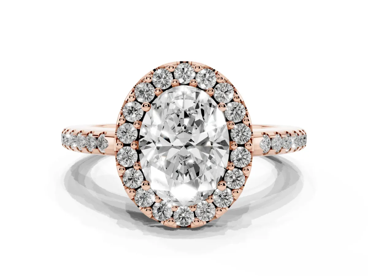 Oval Cut Diamond Pavé Halo Ring with Four-Prong Setting Rose gold