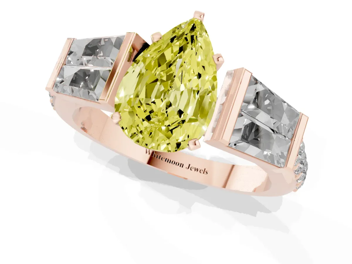 Fancy Yellow Pear Cut Diamond Engagement Ring with Baguette Side Stones and Channel Set Band Rose gold