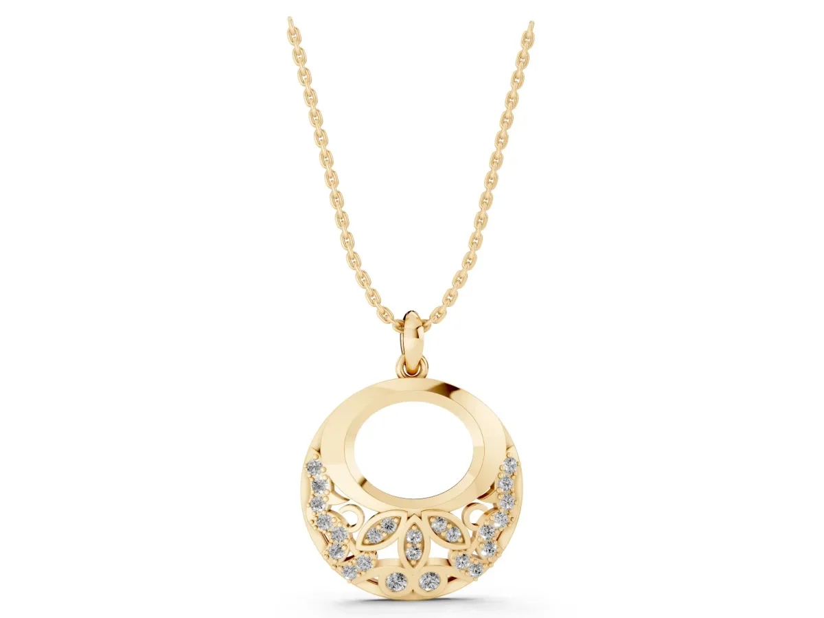 Round Diamond Pavé Leaf Filigree Pendant Yellow gold