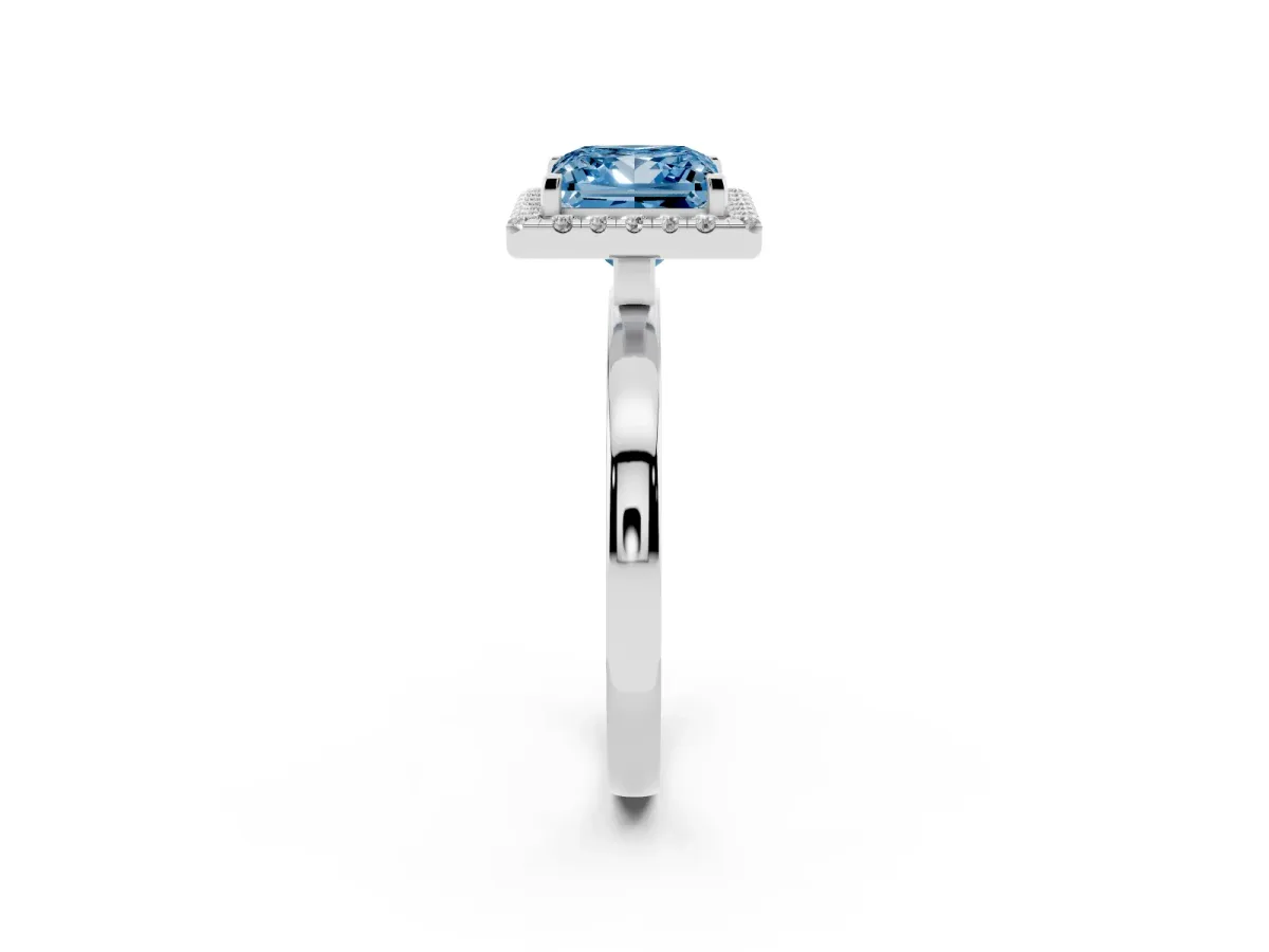 Fancy Blue Princess Cut Halo Diamond Solitaire with Pavé Band and Four-Prong Setting White gold
