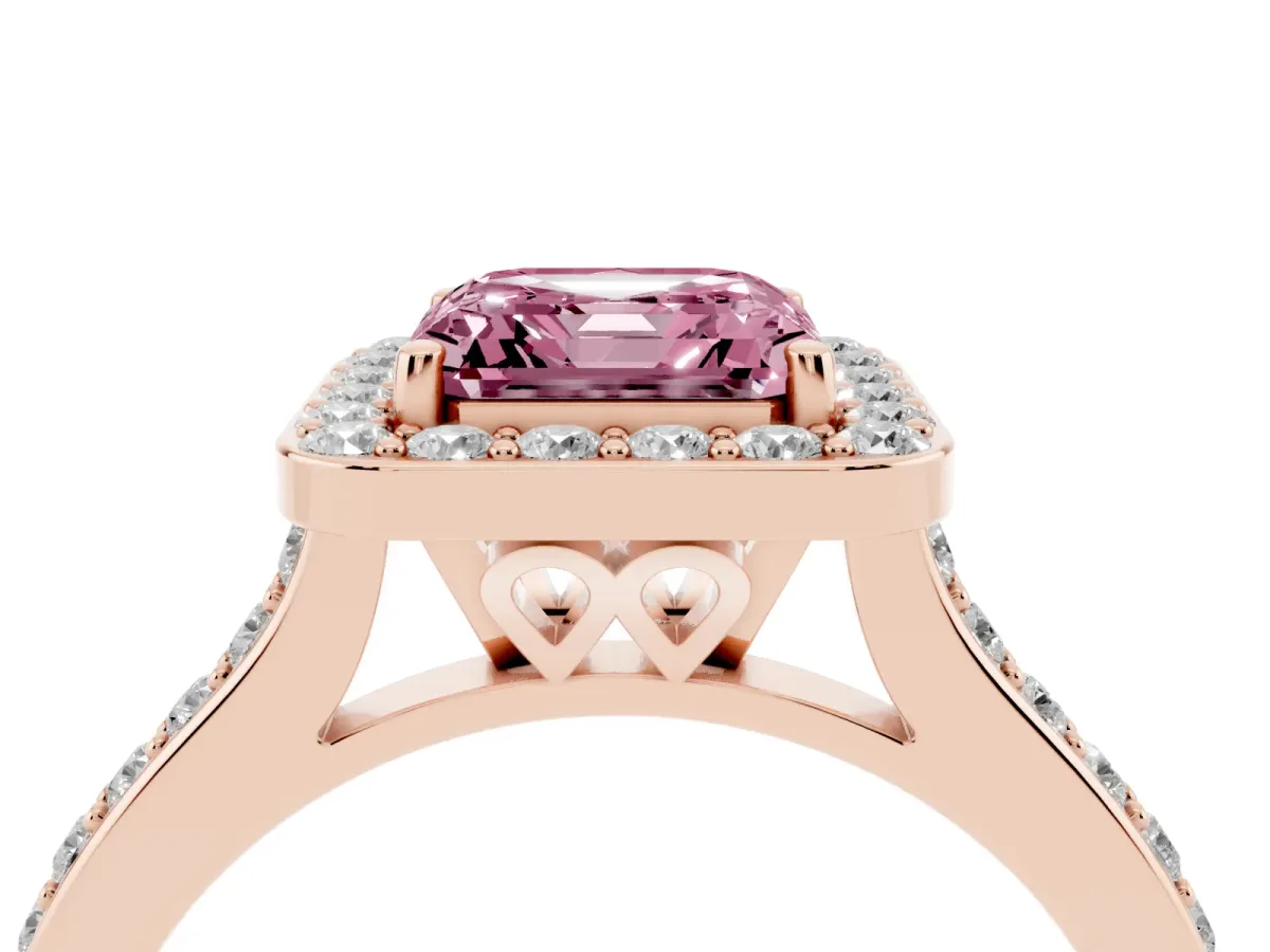 Fancy Pink Asscher Cut Diamond Halo Engagement Ring with Round Pavé Shoulders and Prong Setting Rose gold