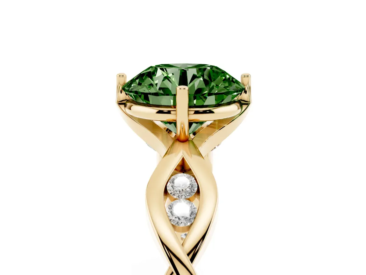 Fancy Green Round Cut Solitaire Twist Band with Leaf Prong Setting Yellow gold